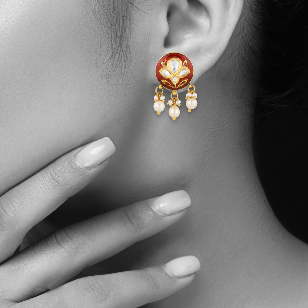 Round Polki Earrings with Red Enamel and Pearl Clusters